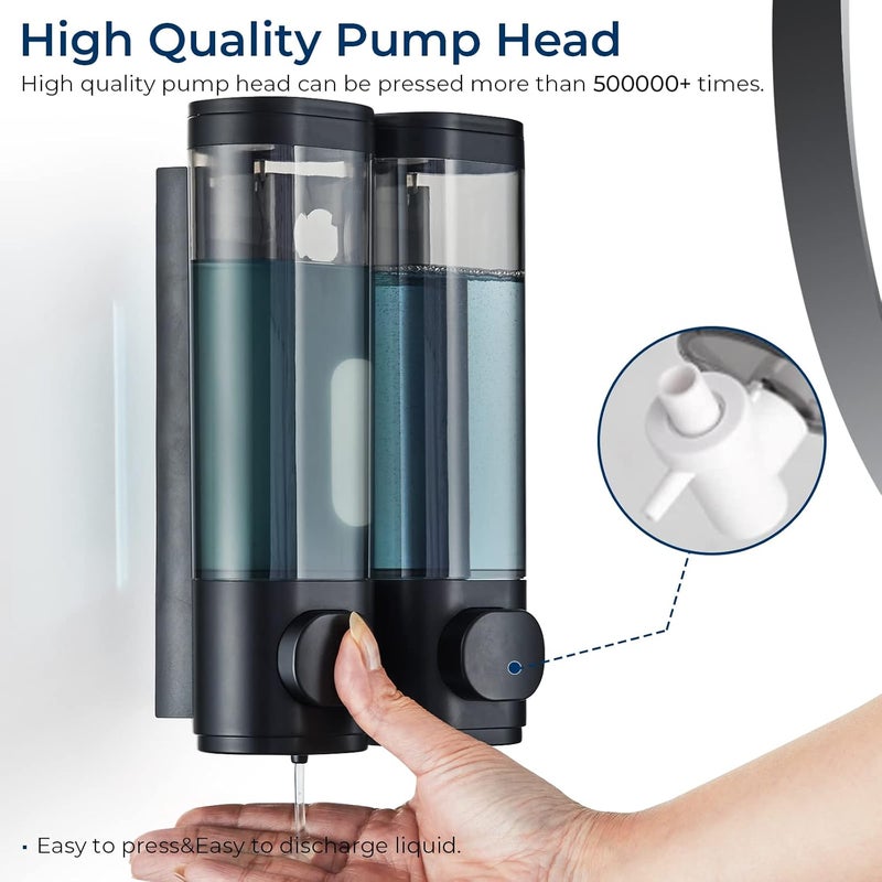 pollock Shower Dispenser 2 Chamber No Drill Shampoo Conditioner Body Wash Dispenser for Bathroom, Large Capacity, Black - Image 2